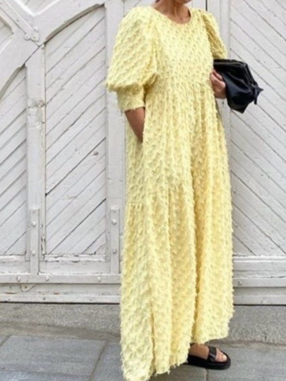 Zara Pale Yellow Textured Puff-Sleeve Maxi Dress
